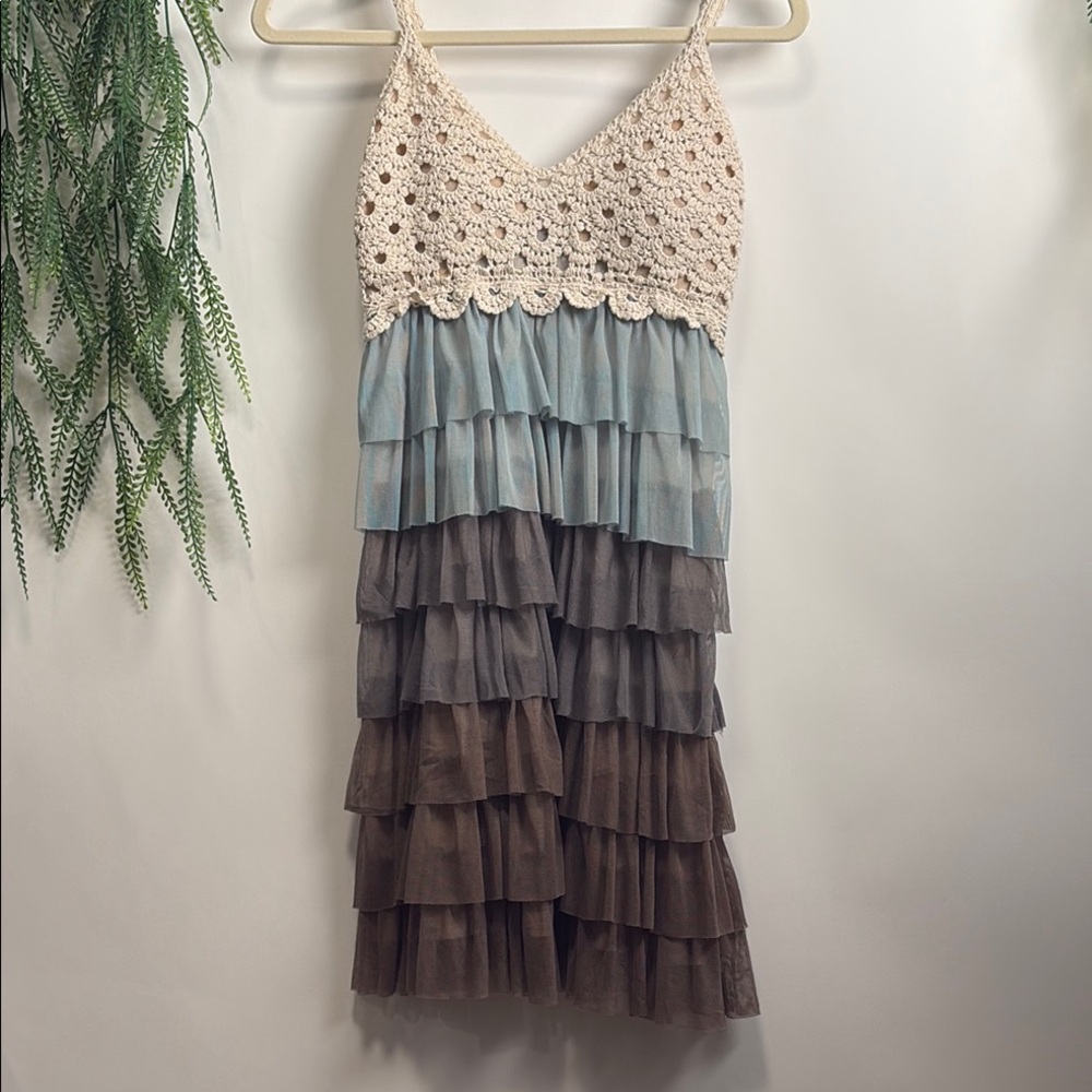 Say What? Cream and Tan Ruffled Tiered Mini Dress